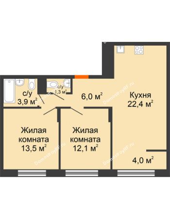 2 комнатная квартира 63,2 м² в ЖК Первый ключ	, дом Корпус 1
