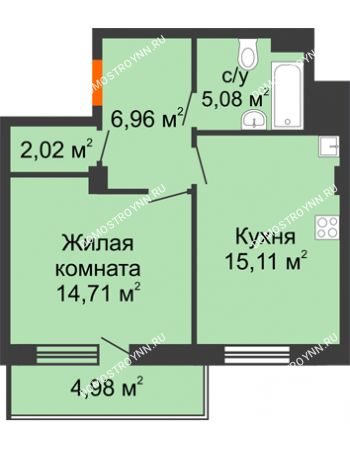 1 комнатная квартира 46,37 м² в ЖК Циолковский, дом № 3
