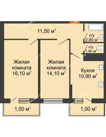 2 комнатная квартира 58,8 м² в Фруктовый квартал Абрикосово, дом Литер 1