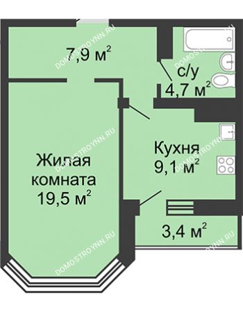 1 комнатная квартира 42,7 м² в ЖК Цветы, дом № 15