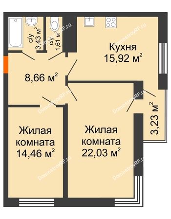 2 комнатная квартира 67,1 м² в ЖК Галактика, дом Литер 2