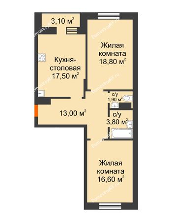 2 комнатная квартира 73,2 м² в ЖК Адмирал, дом 3 очередь
