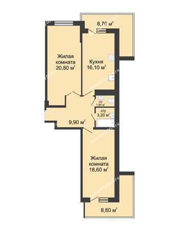 2 комнатная квартира 79,5 м² в ЖК Первый, дом Литер 1