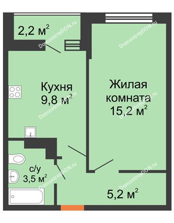 1 комнатная квартира 34,8 м² в ЖК SkyPark (Скайпарк), дом Литер 1, корпус 2, 1 этап