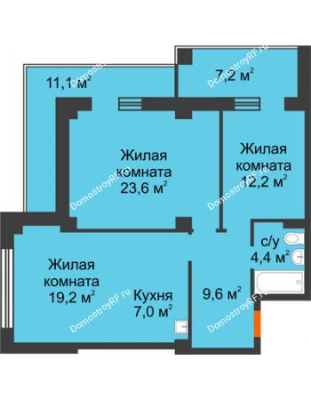 3 комнатная квартира 75 м² в ЖК Перья, дом № 1, 4 этап