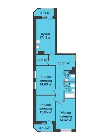 3 комнатная квартира 91,12 м² в ЖК Город времени, дом № 18