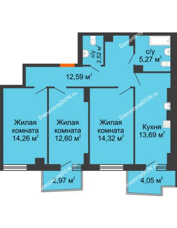 3 комнатная квартира 77,77 м² в ЖК Город у реки, дом Литер 7