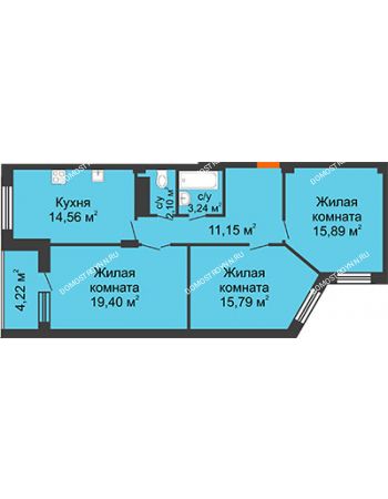 3 комнатная квартира 84,84 м² в ЖК Облака, дом № 2