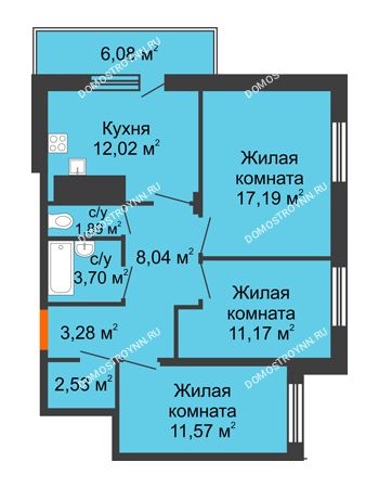 3 комнатная квартира 74,43 м² в ЖК Циолковский, дом № 4