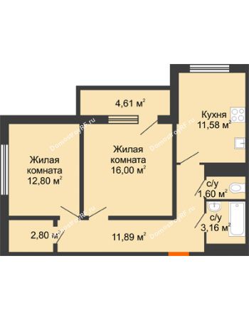 2 комнатная квартира 62,14 м² в ЖК Университетский парк, дом 2 очередь