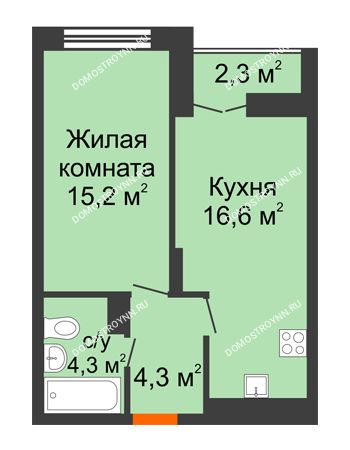 1 комнатная квартира 41,55 м² в ЖК Заречье, дом № 1, секция 2