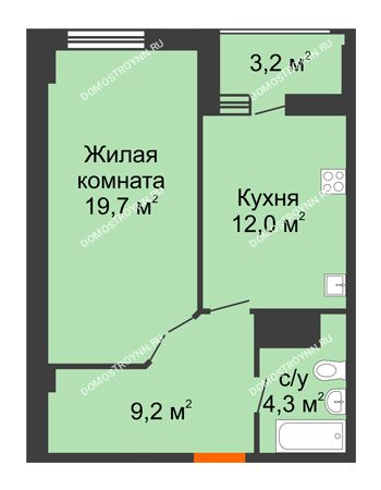1 комнатная квартира 46,8 м² в ЖК Квартет, дом № 3