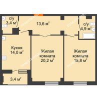 2 комнатная квартира 76,6 м² в ЖК Квартет, дом № 3 - планировка