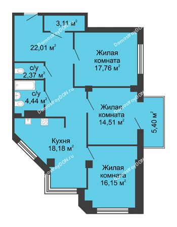 3 комнатная квартира 100,15 м² в ЖК Мега, дом № 116, секция 2