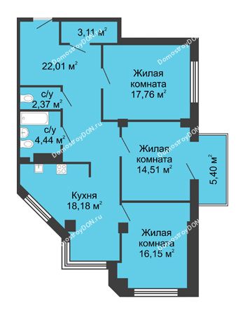 3 комнатная квартира 100,15 м² в ЖК Мега, дом № 2